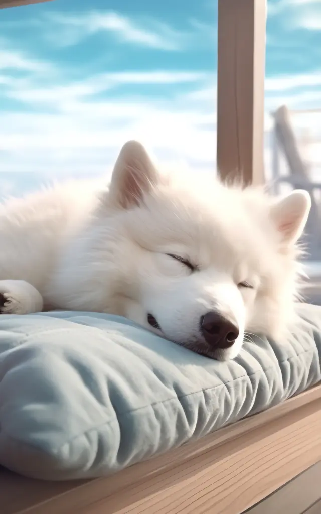 Chien Blanc Dort Coussin Mots Akita Dessus